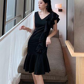 V-neck Sleeveless Ruffled Sheath Dress