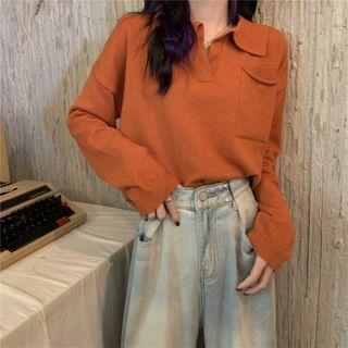 Long-sleeve Polo-collar Knit Top