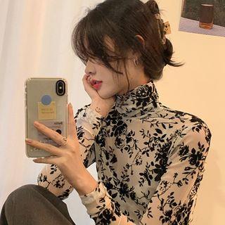 Turtleneck Long-sleeve Printed Mesh Top As Shown In Figure - One Size