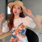 Mock Two-piece Flower Print Short-sleeve Blouse