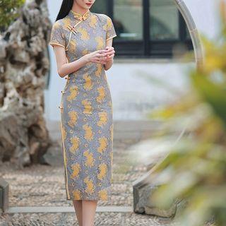 Short Sleeve Printed Midi Qipao Dress