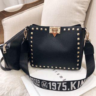 Set: Studded Faux Leather Crossbody Bag + Pouch