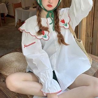 Flower Embroidered Shirt Flower Embroidery - White - One Size