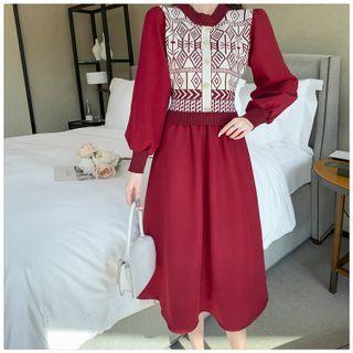 Knit Panel Mock Two-piece Midi A-line Dress
