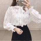 Plain Crewneck Slim-fit Lace Puff-sleeve / Plain High-waist Slim-fit Velvet Skirt