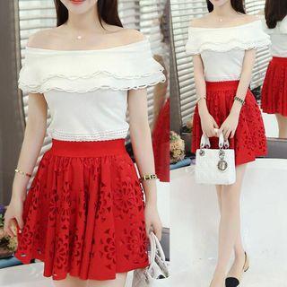 Set: Off-shoulder Top + Laser Cut A-line Skirt