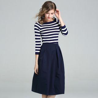 Set : Stripe 3/4-sleeve Top + Midi Skirt