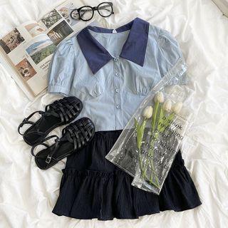 Puff-sleeve Color-block Shirt / High-waist Plain Mini Skirt