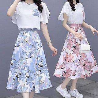 Ruffle-sleeve Chiffon Top + Floral A-line Maxi Skirt