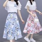 Ruffle-sleeve Chiffon Top + Floral A-line Maxi Skirt