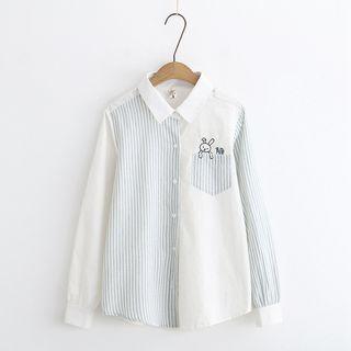 Rabbit Embroidered Stripe Panel Long-sleeve Shirt