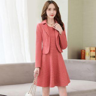 Set: Plaid Open Front Blazer + Sleeveless A-line Dress