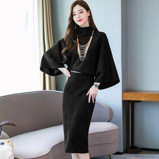 Set: 3/4-sleeve Mock-neck Top + Fitted Skirt