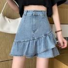 Denim Ruffle Hem Mini A-line Skirt