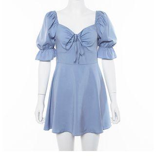Plain Puff-sleeve Frilled A-line Dress