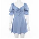 Plain Puff-sleeve Frilled A-line Dress