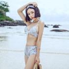 Set: Floral Print Halter Bikini + Plain Cover-up