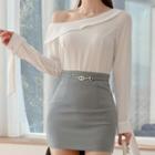 Set: One-shoulder Long-sleeve Top + Mini Pencil Skirt