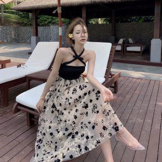 Cross Strap Floral Print Lace Midi A-line Dress