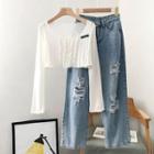Long-sleeve Paneled T-shirt / Wide-leg Jeans