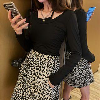 Long-sleeve / Short-sleeve T-shirt / Leopard Print Mini A-line Skirt