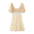 Floral Short-sleeve Lace Trim Mini A-line Dress