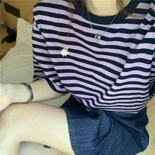 Short-sleeve Striped T-shirt / Denim Pleated Skirt