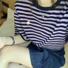 Short-sleeve Striped T-shirt / Denim Pleated Skirt