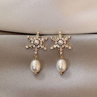 Rhinestone Star & Faux Pearl Drop Earring 1 Pair - Gold & White - One Size