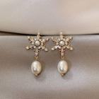 Rhinestone Star & Faux Pearl Drop Earring 1 Pair - Gold & White - One Size