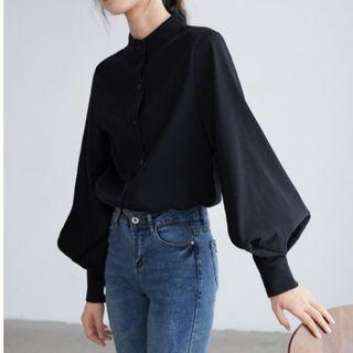 Balloon-sleeve Long-sleeve Mandarin-collar Plain Blouse