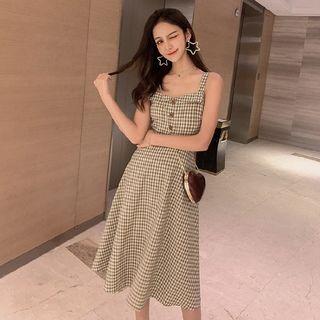 Sleeveless Button Plaid A-line Midi Dress