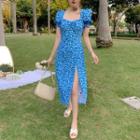 Puff-sleeve Floral Printed Slit Dress