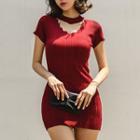Short-sleeve Choker Neck Mini Knit Bodycon Dress Red - One Size