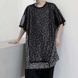 Short-sleeve Patterned Mesh T-shirt Black - One Size