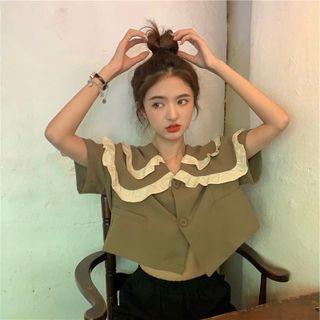 Short-sleeve Frill Trim Shirt Green - One Size