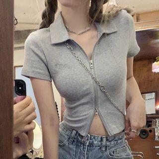 Short-sleeve Letter Embroidered Zip-up Polo Shirt