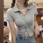 Short-sleeve Letter Embroidered Zip-up Polo Shirt