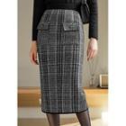 Pocket-detail Plaid Midi Knit Skirt Black - One Size