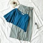 Short-sleeve Halter T-shirt / Mid Plaid Sheath Skirt