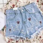 Floral Embroidered Frayed Denim Shorts