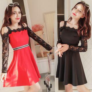 Lace Trim Long-sleeve A-line Party Dress