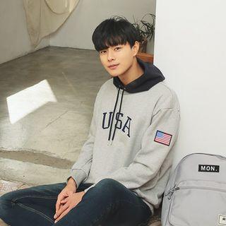 Contrast-hood Lettering-embroidered Hoodie