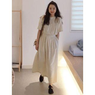 Button-back Pleated Midi Dress