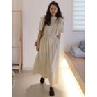 Button-back Pleated Midi Dress
