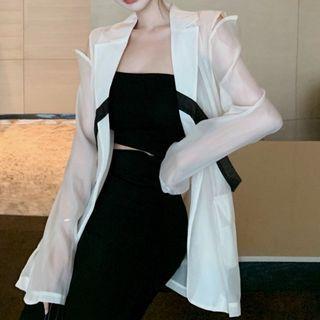 Cold Shoulder Open-front Mesh Jacket Almond - One Size