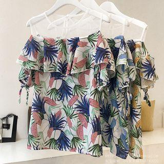 Leaf Print Cold Shoulder Short-sleeve Blouse