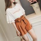 Set: Elbow-sleeve Frill Trim Embroidered Letter T-shirt + Wide-leg Shorts