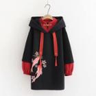 Fish Embroidered Tasseled Hooded Top Black - One Size