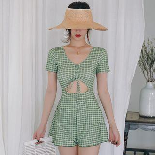 Plaid Short-sleeve Cutout Swimsuit